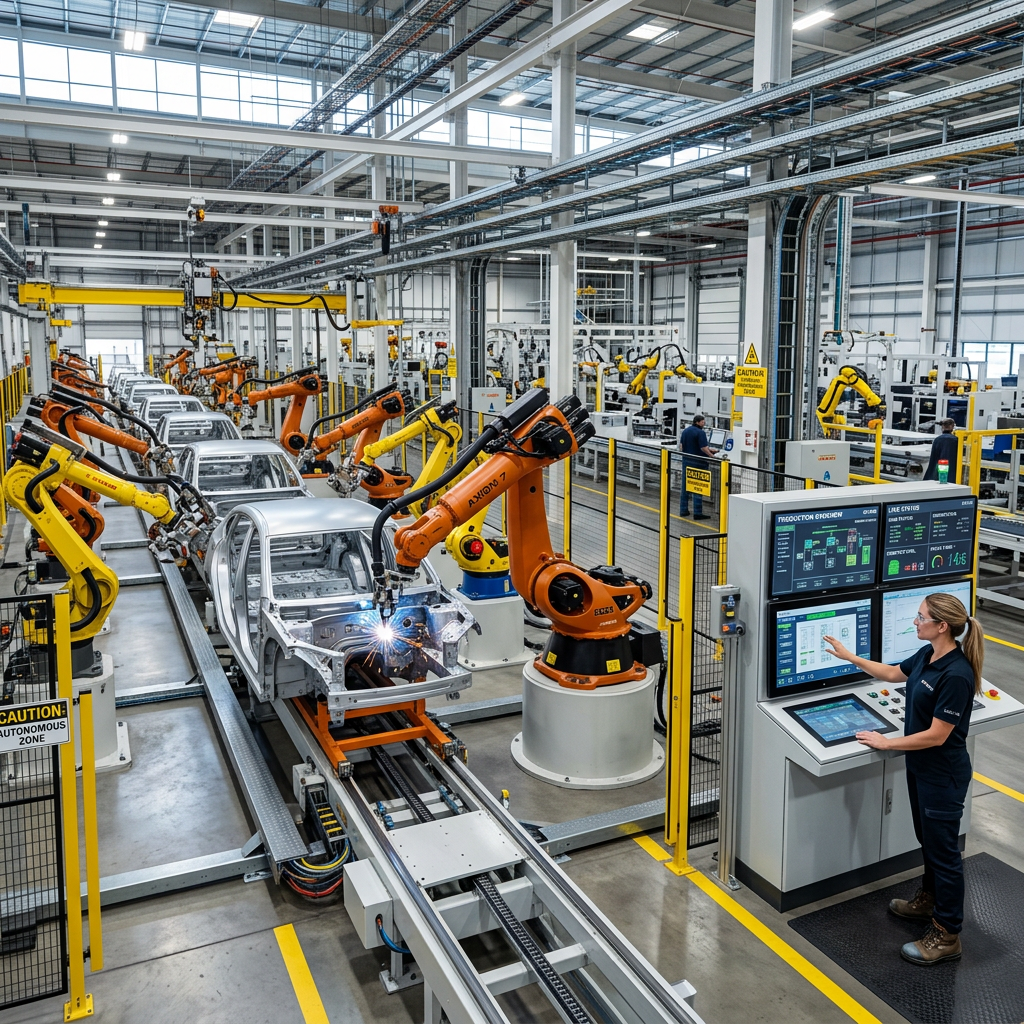 Robotic arms welding car frames on an assembly line with a technician operating a control panel